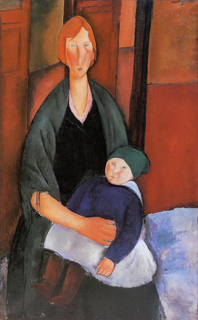 Amedeo Clemente Modigliani Peinture à l'huile - femme assise avec enfant maternité 1919
