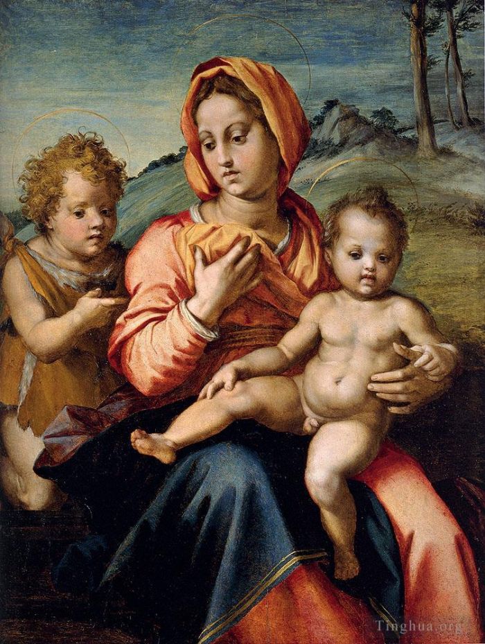 Andrea del Sarto Peinture à l'huile - Vierge à l'Enfant avec l'Enfant Saint Jean dans un paysage