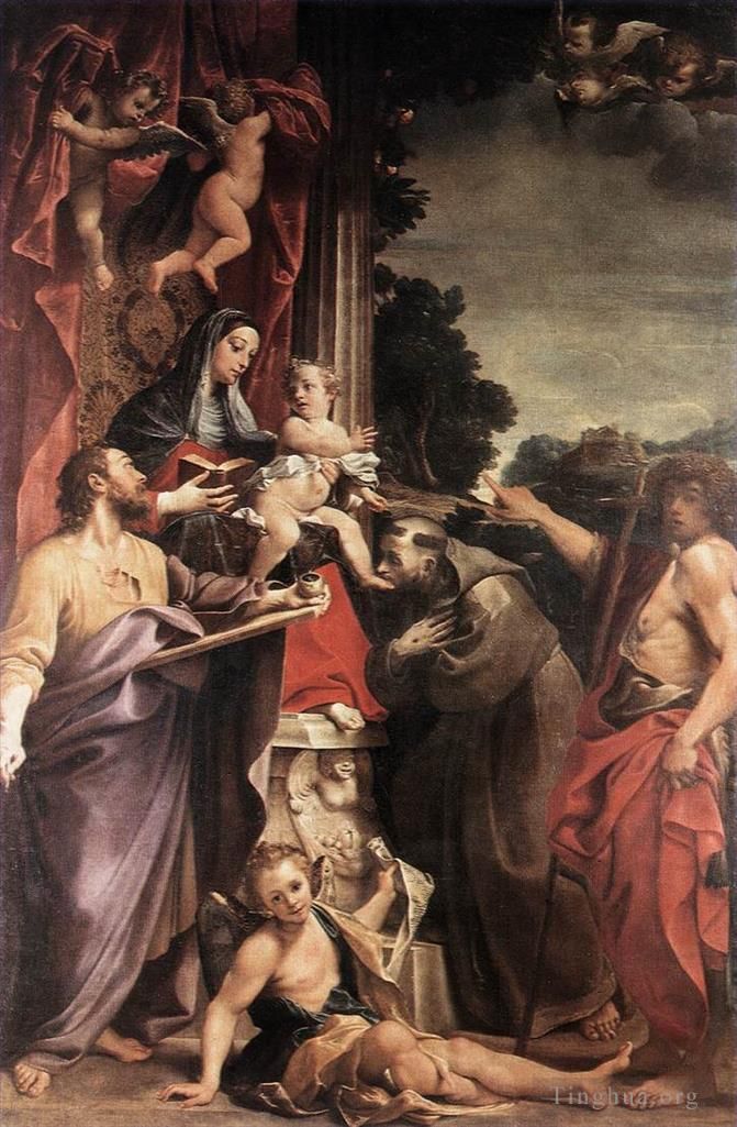 Annibale Carracci Peinture à l'huile - Madone trônant avec saint Matthieu