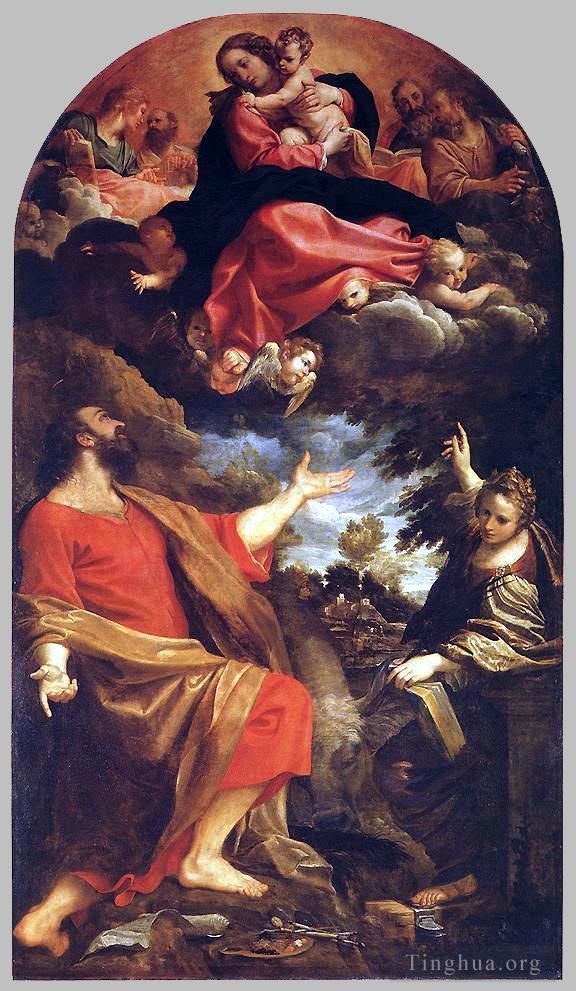 Annibale Carracci Peinture à l'huile - La Vierge apparaît à saint Luc et Catherine