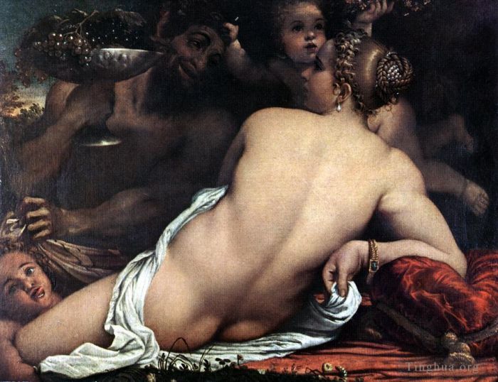 Annibale Carracci Peinture à l'huile - Vénus avec un satyre et des amours