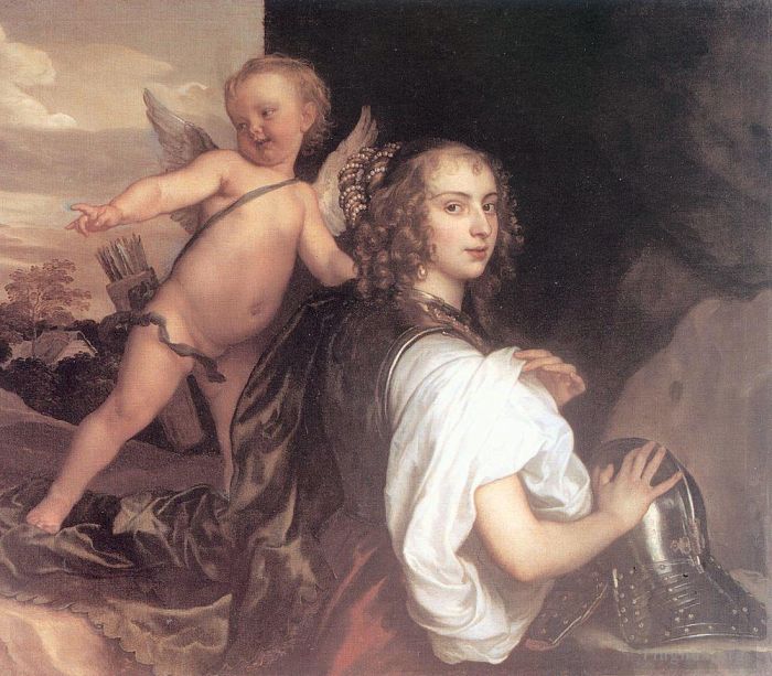Sir Anthony van Dyck Peinture à l'huile - Portrait d'une jeune fille en Erminia accompagnée de Cupidon