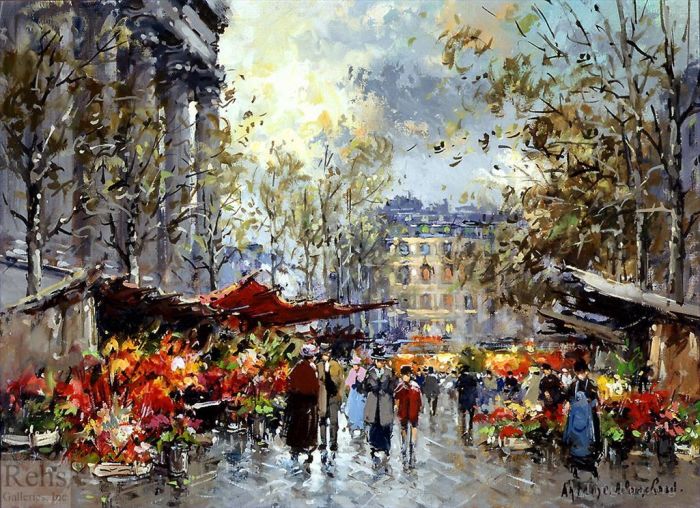 Antoine Blanchard Peinture à l'huile - Flower market madeleine