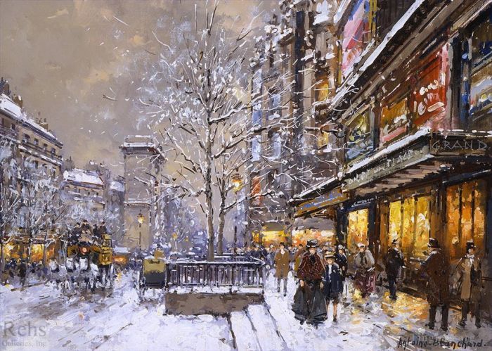 Antoine Blanchard Peinture à l'huile - Grands boulevard et porte st denis sous la neige