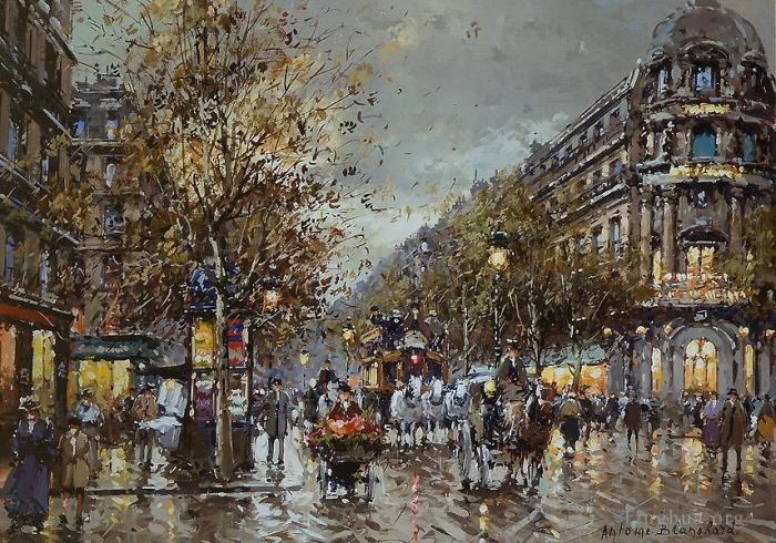 Antoine Blanchard Peinture à l'huile - Les grand boulevards theatre du vaudeville