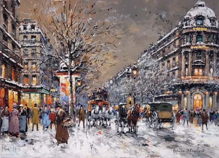 Antoine Blanchard Peinture à l'huile - Les grands boulevards sous la neige