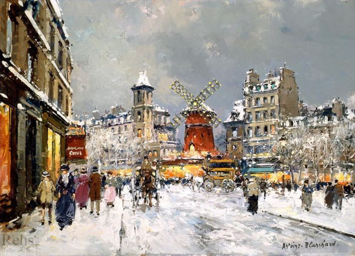 Antoine Blanchard Peinture à l'huile - Moulin rouge a pigalle sous la neige