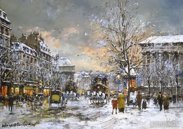 Antoine Blanchard Peinture à l'huile - Omnibus on the place de la madeleine winter