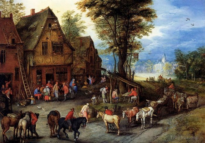 Jean-Antoine Watteau Peinture à l'huile - Breughel Jan Une rue de village avec la Sainte Famille arrivant dans une auberge