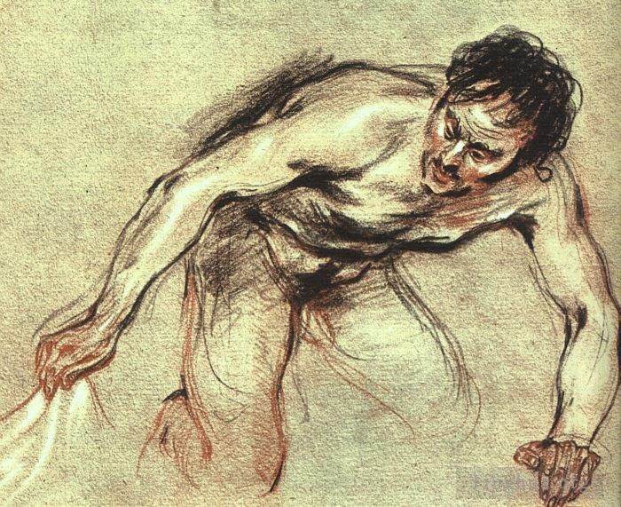 Jean-Antoine Watteau Peinture à l'huile - Nu masculin agenouillé