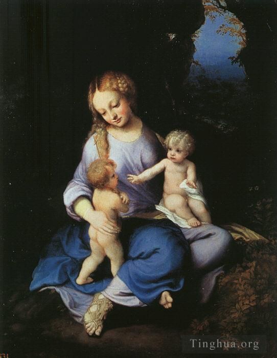Antonio Allegri da Correggio Peinture à l'huile - Vierge à l'Enfant avec le jeune Saint Jean