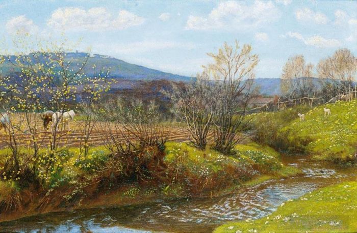 Arthur Hughes Peinture à l'huile - Un après-midi de printemps paysage Arthur Hughes