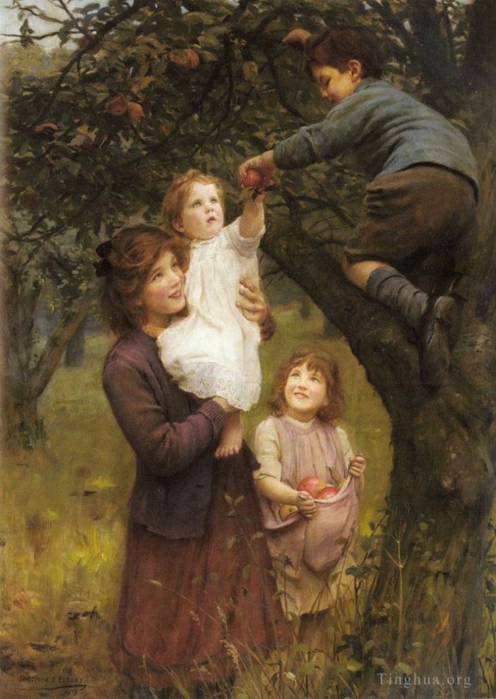 Arthur John Elsley Peinture à l'huile - Cueillir des pommes