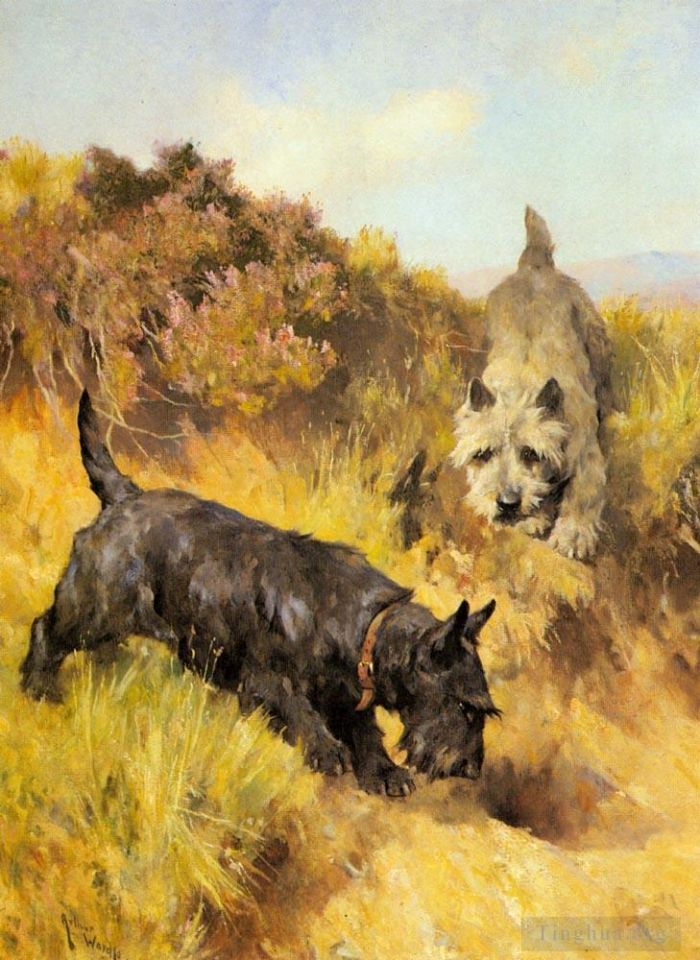 Arthur Wardle Peinture à l'huile - Deux Scotties dans un paysage