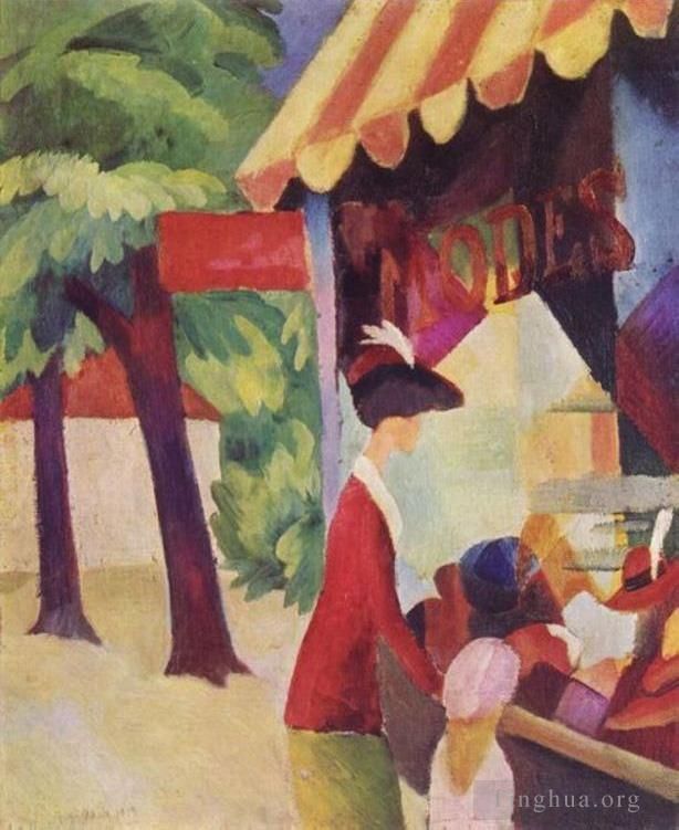 August Macke Peinture à l'huile - Une femme avec une veste rouge et un enfant devant le magasin de chapeaux