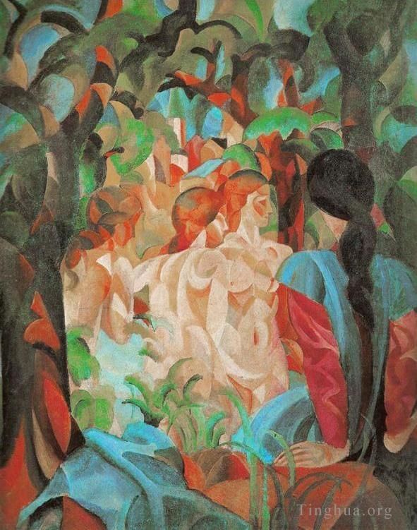 August Macke Peinture à l'huile - Baignade pour filles avec ville en arrière-plan Badende Madchenm it St adtim