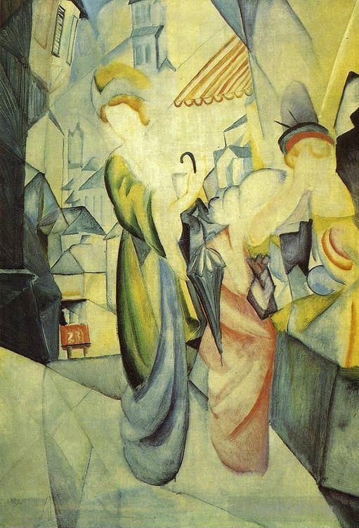 August Macke Peinture à l'huile - Femmes brillantes devant le magasin de chapeaux Helle Frauenvordem Hutladen