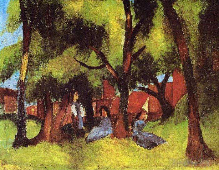 August Macke Peinture à l'huile - Enfants sous les arbres au soleil