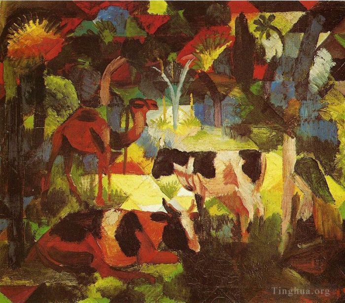 August Macke Peinture à l'huile - Paysage avec vaches et chameaux