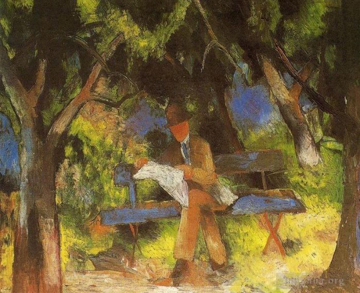 August Macke Peinture à l'huile - Homme lisant dans un parc Parc Lesender Mannim