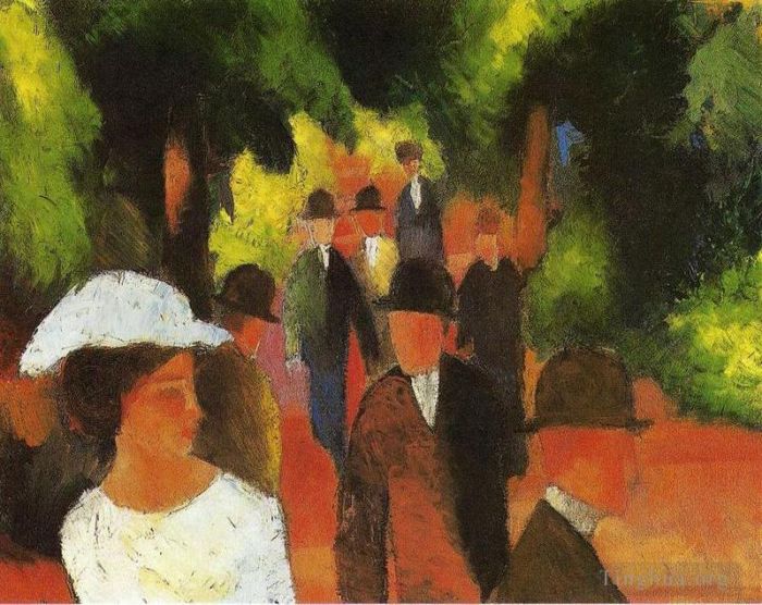 August Macke Peinture à l'huile - Promenade avec demi-longueur de fille en blanc