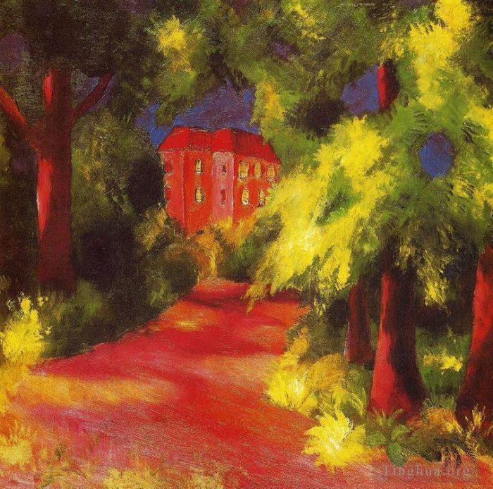 August Macke Peinture à l'huile - Maison rouge dans un parc