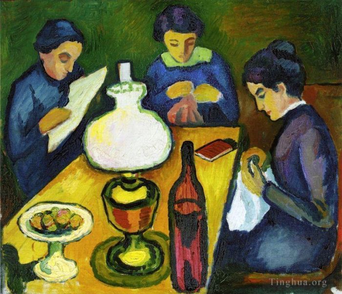 August Macke Peinture à l'huile - Trois femmes à table près de la lampe