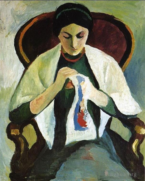 August Macke Peinture à l'huile - Femme brodant dans un fauteuil Portrait de l'épouse de l'artiste