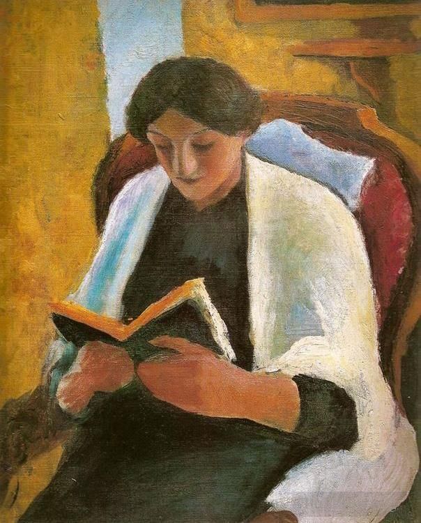 August Macke Peinture à l'huile - Femme lisant dans un fauteuil rouge Lesende Frauimroten Sessel