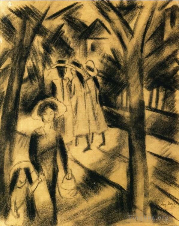 August Macke Types de peintures - Femme avec enfant et filles sur une route