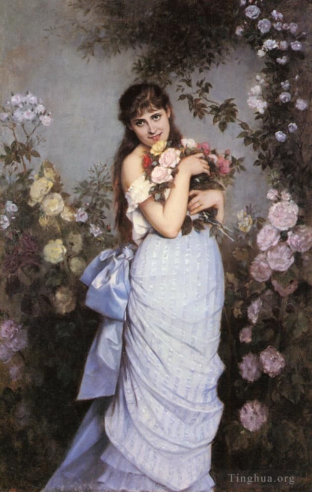 Auguste Toulmouche Peinture à l'huile - Une jeune femme dans une roseraie