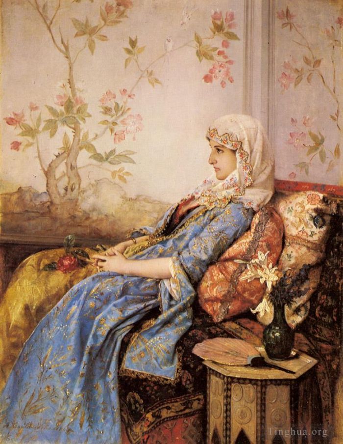 Auguste Toulmouche Peinture à l'huile - Une beauté exotique dans un intérieur
