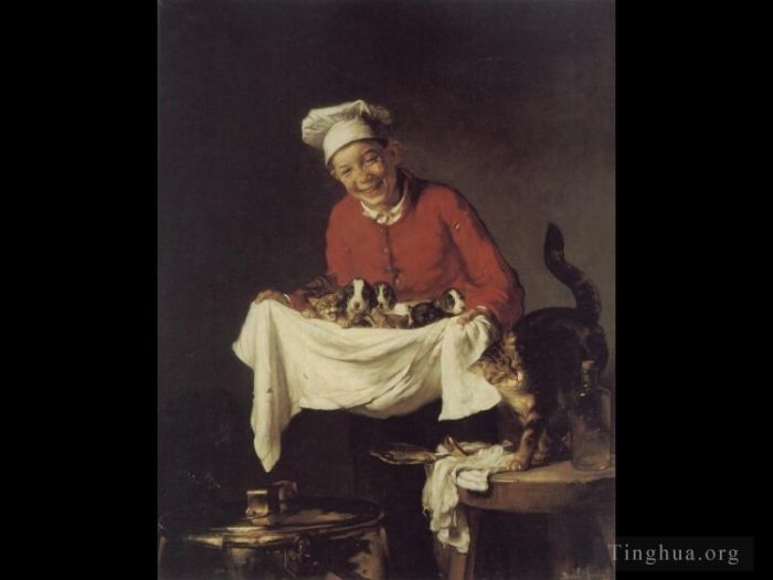 Bail Claude Joseph Peinture à l'huile - Un garçon avec des chiens et des chatons