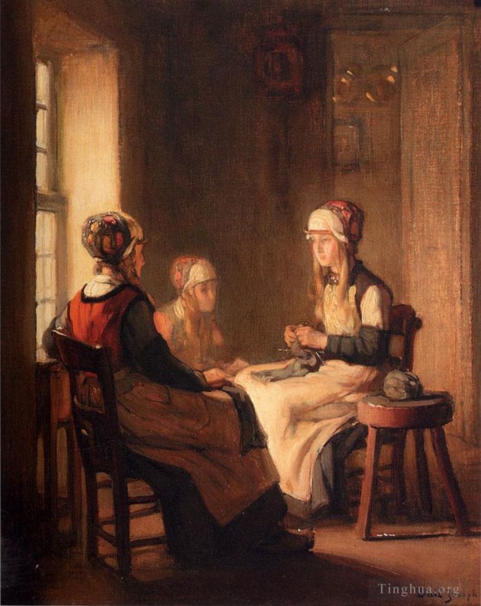 Bail Claude Joseph Peinture à l'huile - Un intérieur avec des filles Marken en train de tricoter