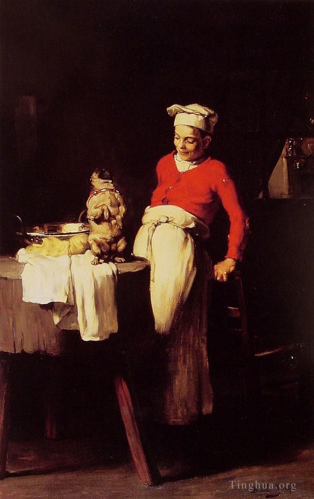 Bail Claude Joseph Peinture à l'huile - Le cuisinier et le carlin