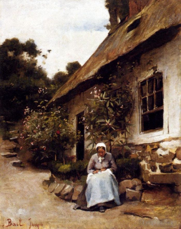 Bail Claude Joseph Peinture à l'huile - Femme cousant devant son chalet