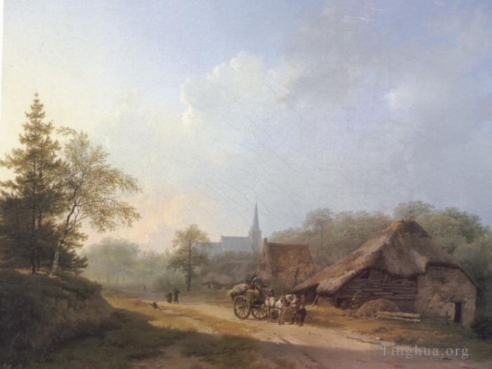 Barend Cornelis Koekkoek Peinture à l'huile - Un chariot sur une route de campagne en été