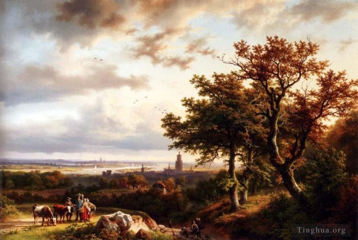 Barend Cornelis Koekkoek Peinture à l'huile - Un paysage rhénan panoramique avec des paysans conversant sur une piste
