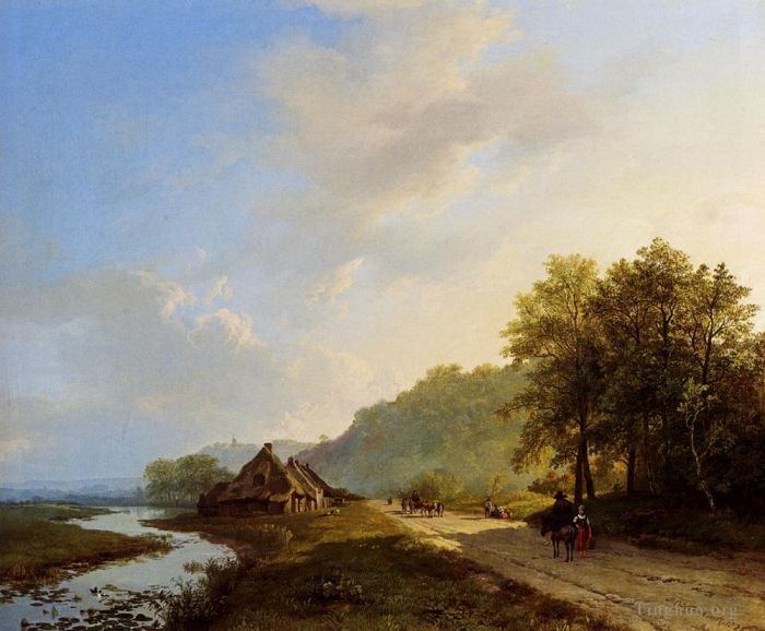 Barend Cornelis Koekkoek Peinture à l'huile - Un paysage d'été avec des voyageurs sur un chemin