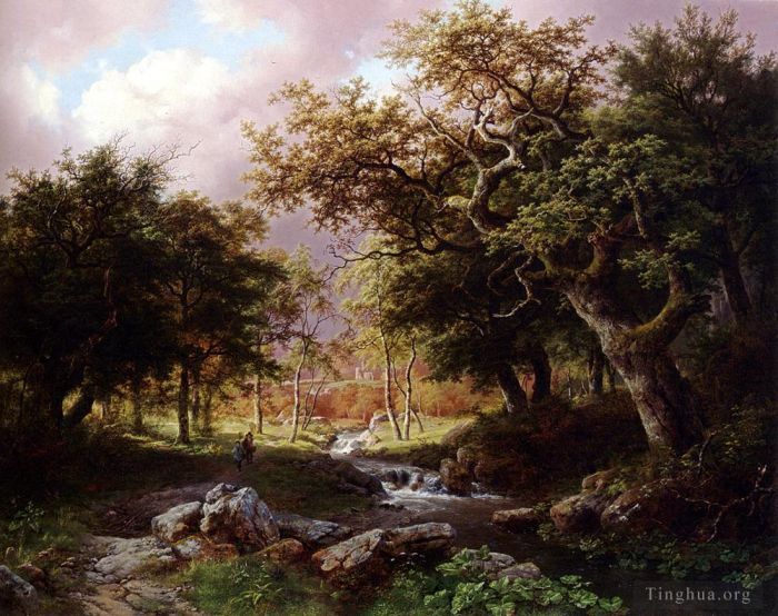 Barend Cornelis Koekkoek Peinture à l'huile - Un paysage boisé avec des personnages le long d'un ruisseau
