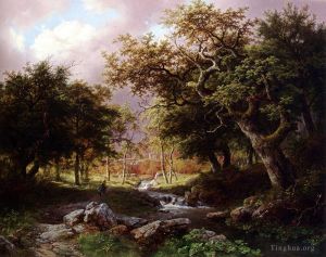 Barend Cornelis Koekkoek œuvres - Un paysage boisé avec des personnages le long d'un ruisseau