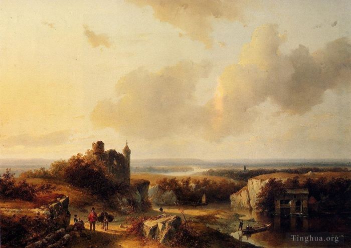Barend Cornelis Koekkoek Peinture à l'huile - Un vaste paysage fluvial avec des voyageurs
