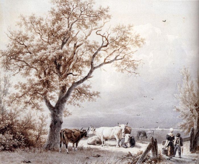 Barend Cornelis Koekkoek Peinture à l'huile - Vaches dans une prairie ensoleillée