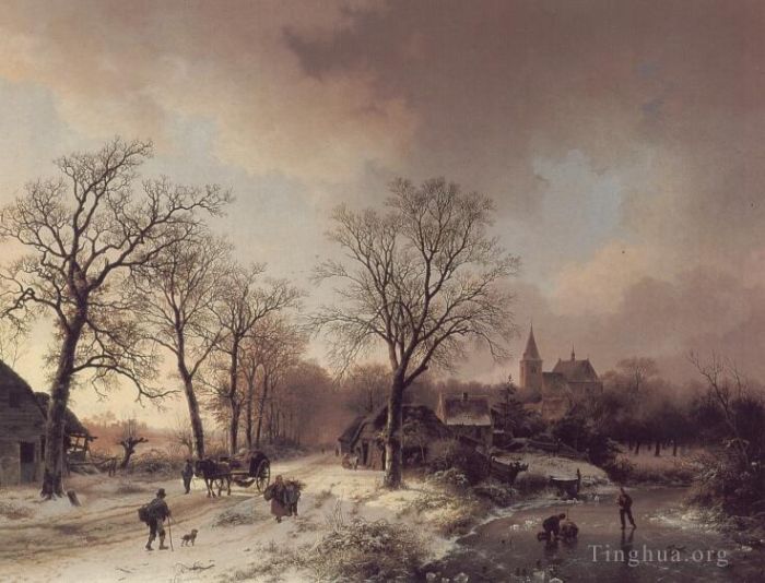 Barend Cornelis Koekkoek Peinture à l'huile - Personnages dans un paysage hivernal