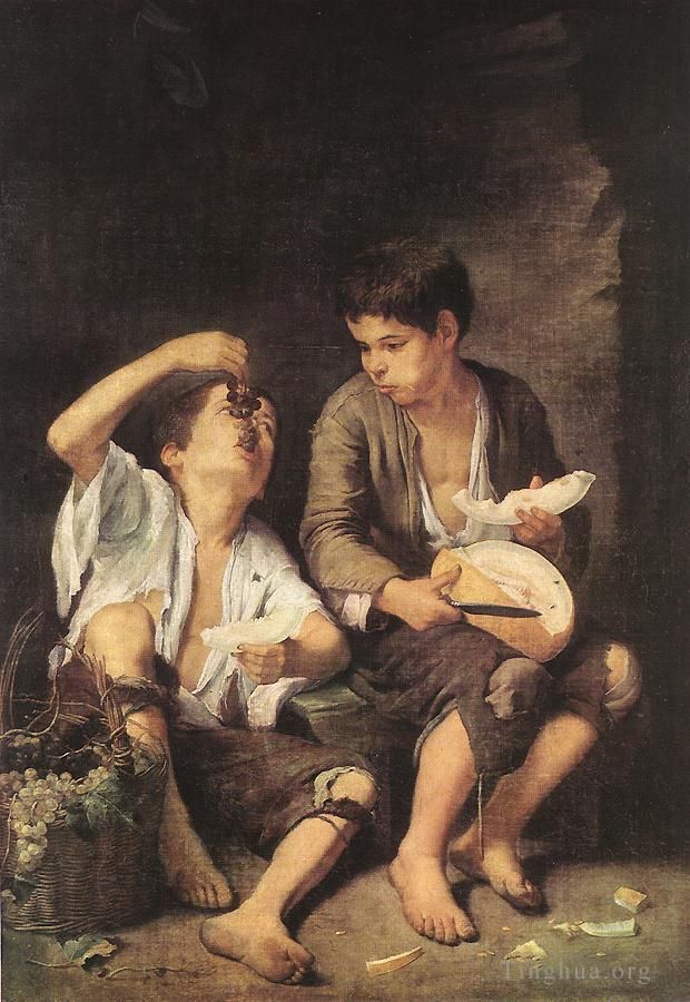 Bartolomé Esteban Murillo Peinture à l'huile - Garçons mangeant des fruits mangeurs de raisin et de melon