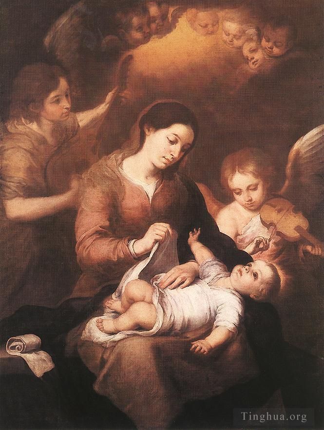 Bartolomé Esteban Murillo Peinture à l'huile - Marie et l'enfant avec des anges jouant de la musique