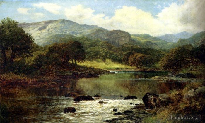 Benjamin Williams Leader Peinture à l'huile - Un paysage fluvial boisé