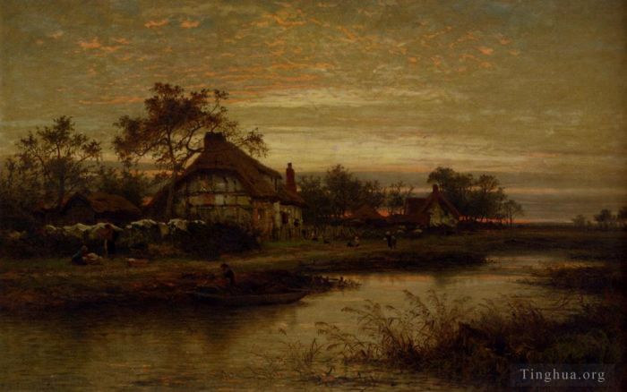 Benjamin Williams Leader Peinture à l'huile - Soirée Worcestershire Cottage Homes