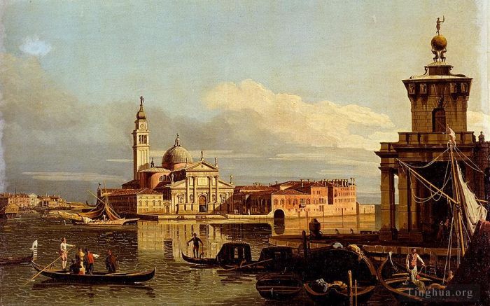 Bernardo Bellotto Peinture à l'huile - Une vue à Venise depuis la Punta Della Dogana vers San Giorgio Maggiore