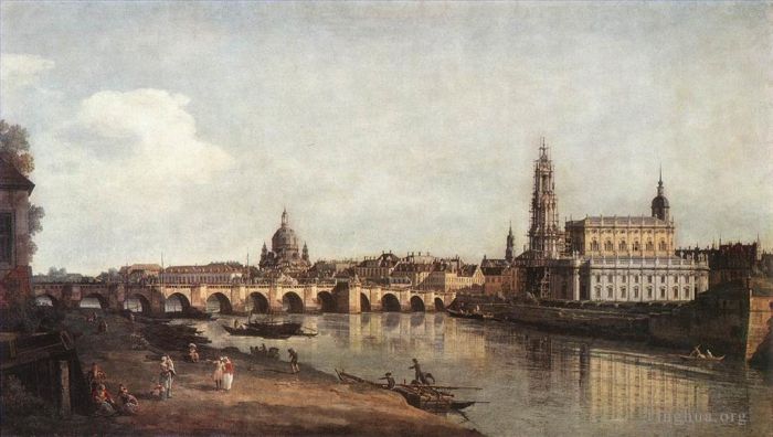 Bernardo Bellotto Peinture à l'huile - Vue de Dresde depuis la rive droite de l'Elbe avec le pont Auguste